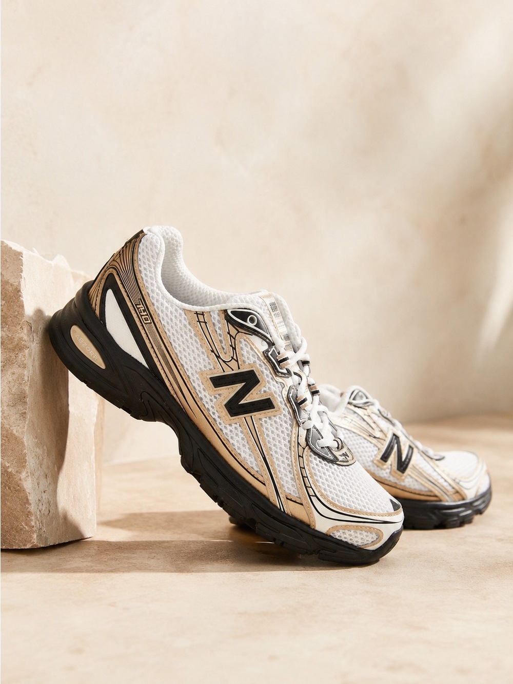 New Balance White Black Tan Mesh Sneakers
